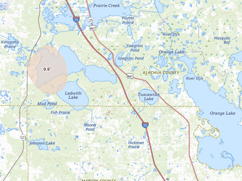 Radar-estimated hail-size map of the storm over Micanopy, FL on May 24, 2026