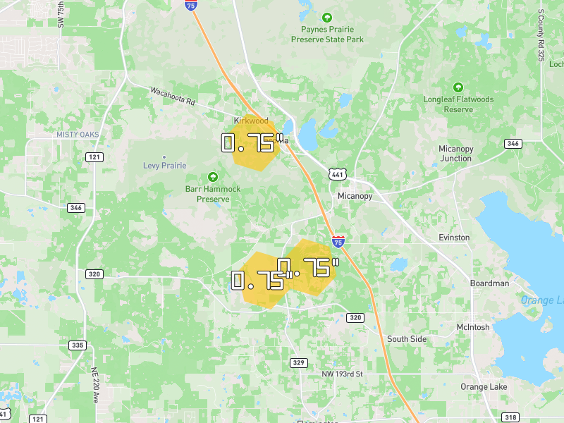 Hail map of Micanopy, FL on Jun 28, 2026, hail up to 0.75"