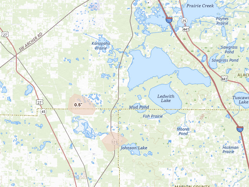 Radar-estimated hail-size map of the storm over Micanopy, FL on Jul 29, 2026