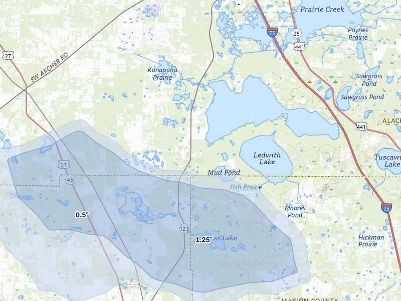 NEXRAD radar-signature map of the hail storm over Micanopy, FL on Jul 29, 2026