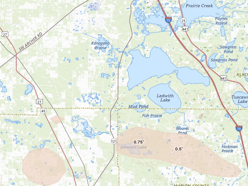 Radar-estimated hail-size map of the storm over Micanopy, FL on Jul 30, 2026