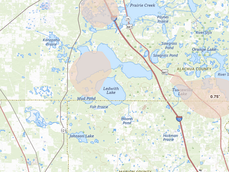 Radar-estimated hail-size map of the storm over Micanopy, FL on Aug 19, 2026