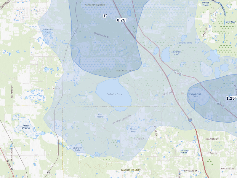 NEXRAD radar-signature map of the hail storm over Micanopy, FL on Aug 19, 2026