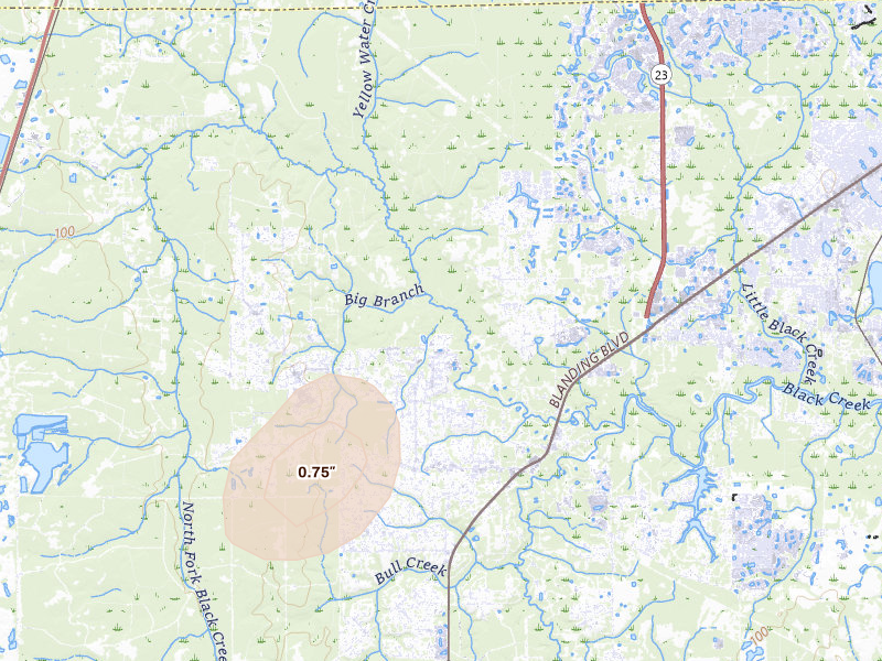Radar-estimated hail-size map of the storm over Middleburg, FL on Aug 5, 2026