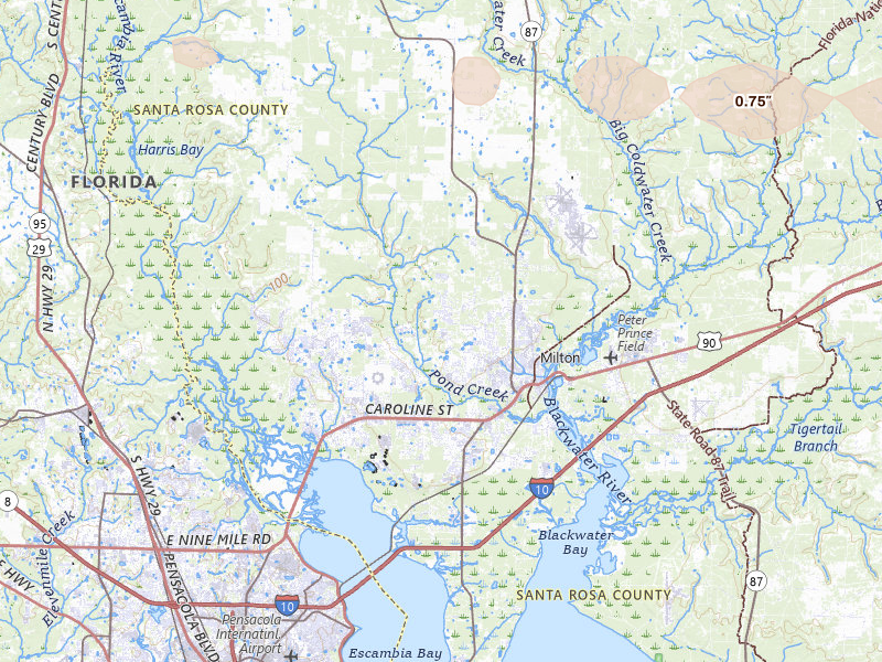 Radar-estimated hail-size map of the storm over Milton, FL on May 7, 2026
