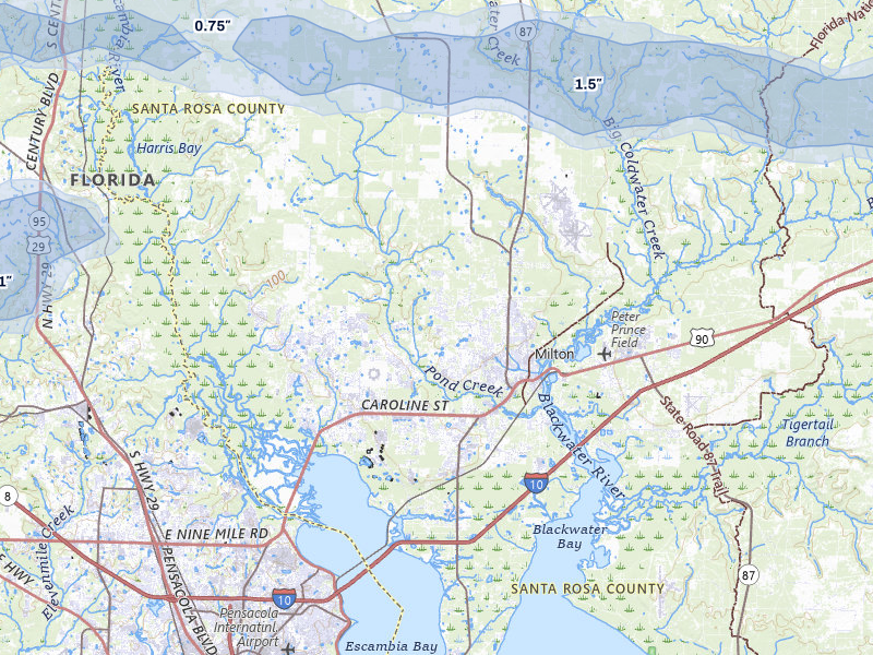 NEXRAD radar-signature map of the hail storm over Milton, FL on May 7, 2026
