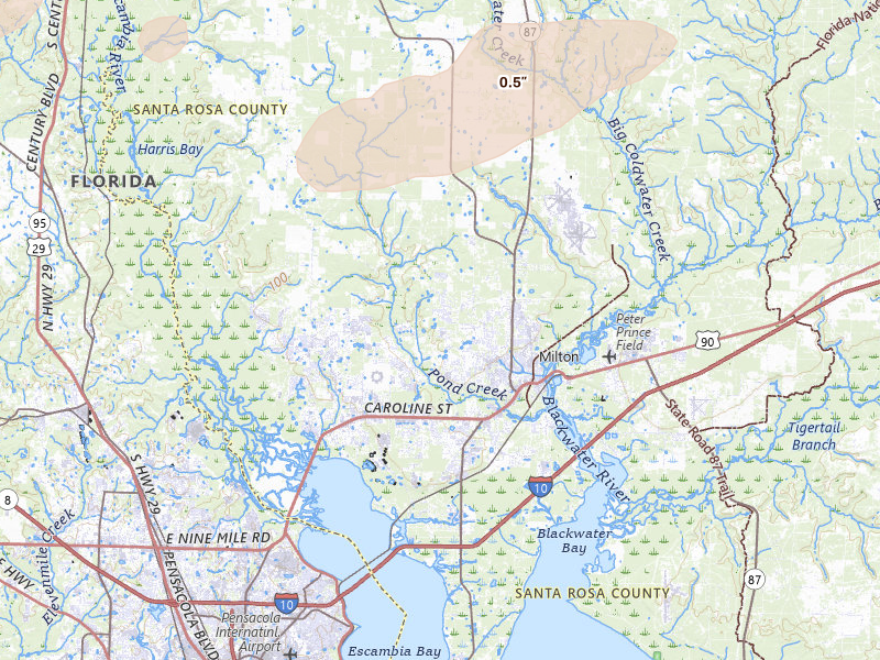 Radar-estimated hail-size map of the storm over Milton, FL on May 8, 2026