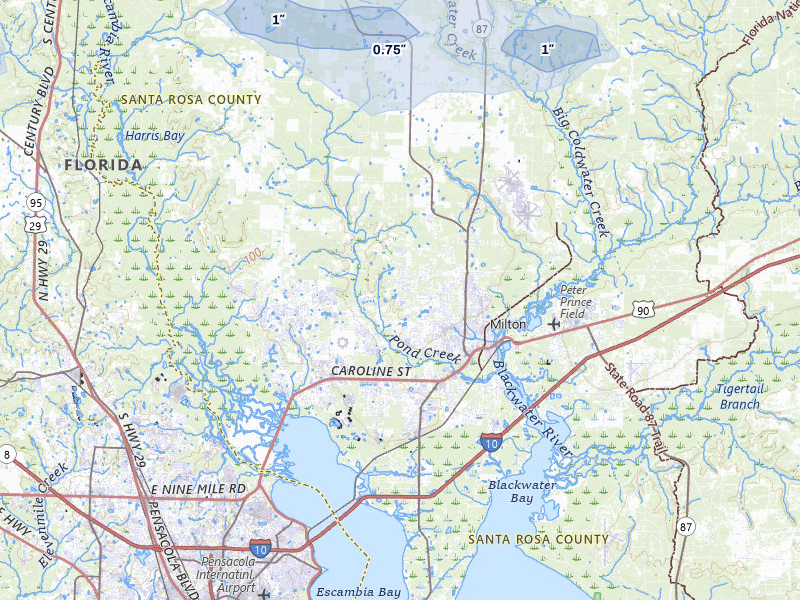 NEXRAD radar-signature map of the hail storm over Milton, FL on May 8, 2026