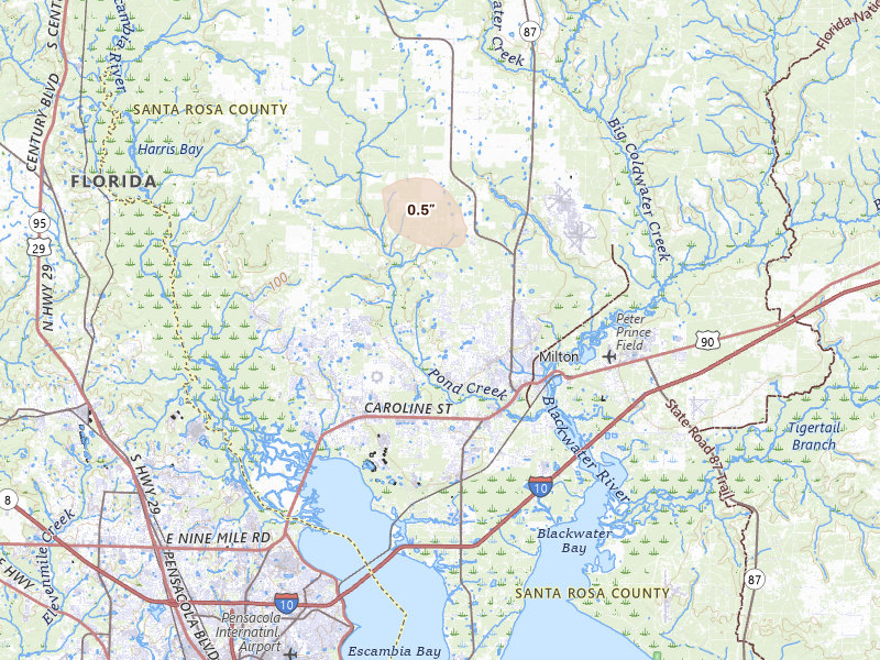 Radar-estimated hail-size map of the storm over Milton, FL on May 31, 2026