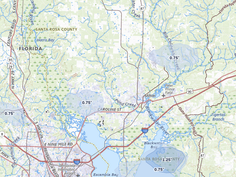 NEXRAD radar-signature map of the hail storm over Milton, FL on Jun 30, 2026