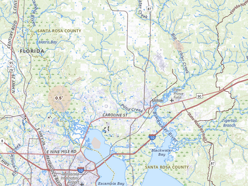 Radar-estimated hail-size map of the storm over Milton, FL on Jul 7, 2026