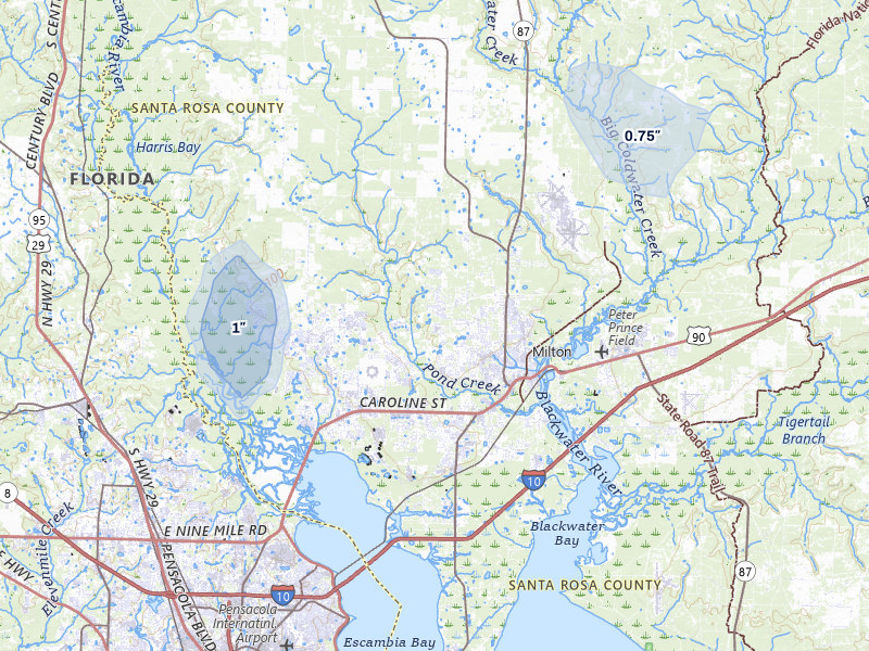 NEXRAD radar-signature map of the hail storm over Milton, FL on Jul 7, 2026