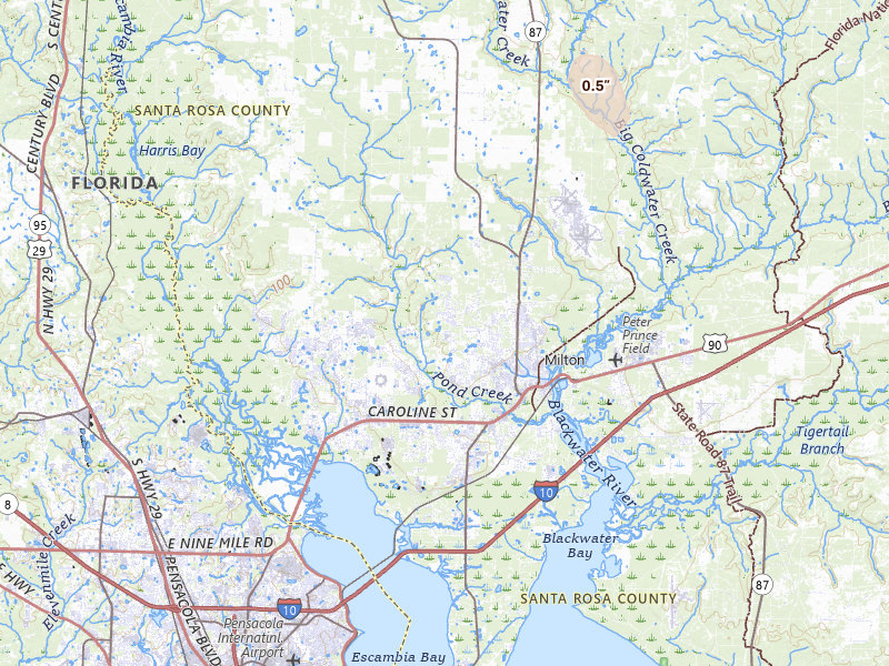 Radar-estimated hail-size map of the storm over Milton, FL on Jul 17, 2026