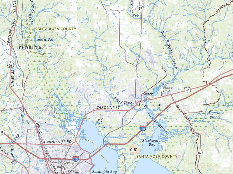 Radar-estimated hail-size map of the storm over Milton, FL on Jul 28, 2026
