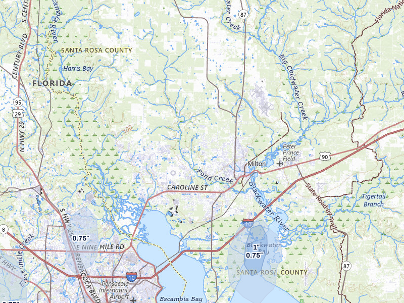 NEXRAD radar-signature map of the hail storm over Milton, FL on Jul 30, 2026