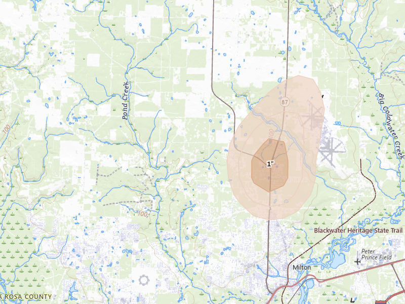 Radar-estimated hail-size map of the storm over Milton, FL on Aug 8, 2026