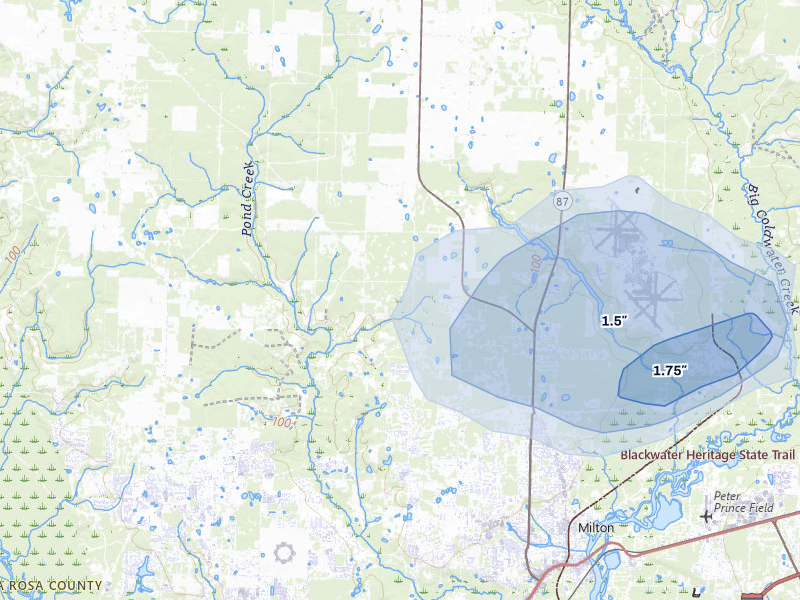NEXRAD radar-signature map of the hail storm over Milton, FL on Aug 8, 2026