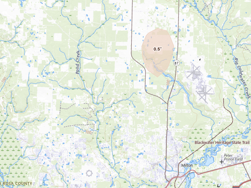 Radar-estimated hail-size map of the storm over Milton, FL on Aug 15, 2026