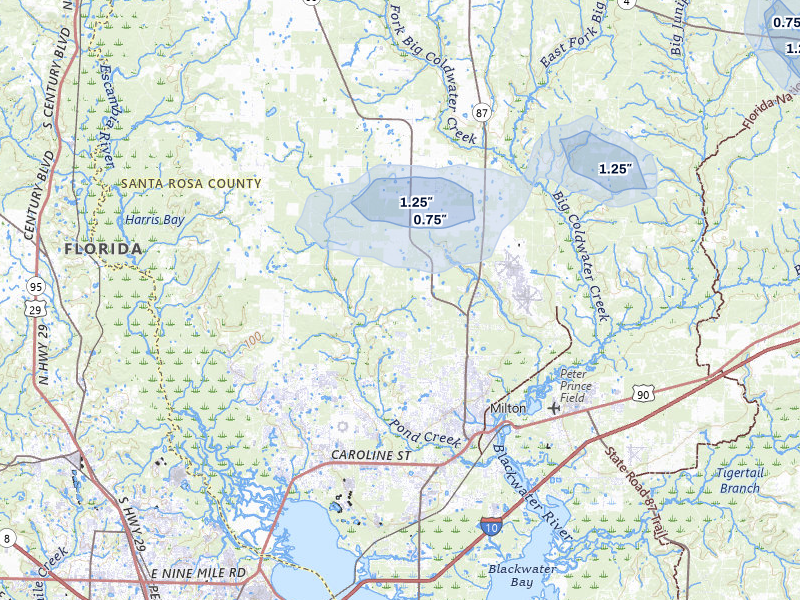 NEXRAD radar-signature map of the hail storm over Milton, FL on Aug 15, 2026