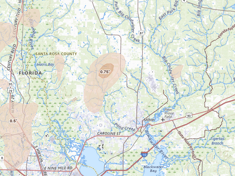 Radar-estimated hail-size map of the storm over Milton, FL on Aug 17, 2026