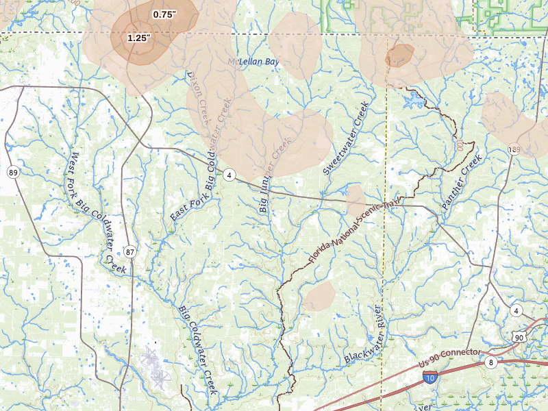Radar-estimated hail-size map of the storm over Milton, FL on Aug 18, 2026