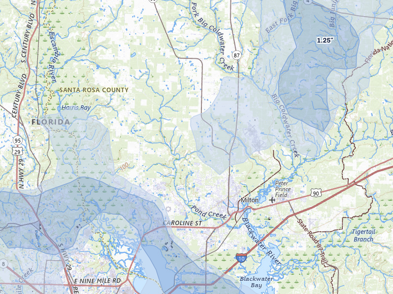NEXRAD radar-signature map of the hail storm over Milton, FL on Aug 19, 2026