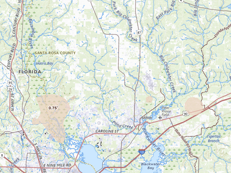 Radar-estimated hail-size map of the storm over Milton, FL on Aug 20, 2026