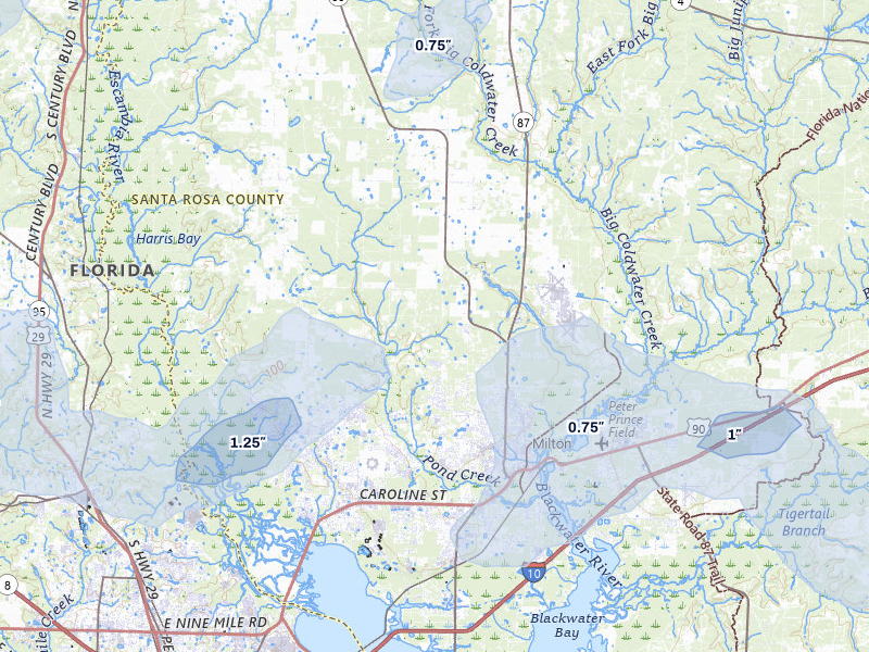 NEXRAD radar-signature map of the hail storm over Milton, FL on Aug 20, 2026