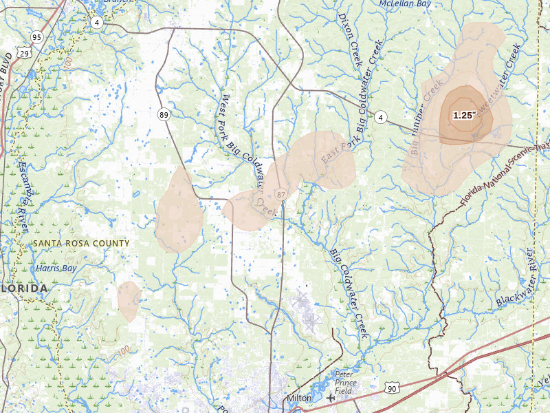 Radar-estimated hail-size map of the storm over Milton, FL on Aug 21, 2026