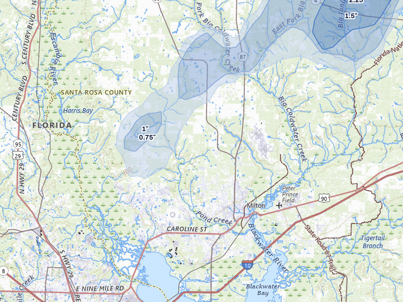 NEXRAD radar-signature map of the hail storm over Milton, FL on Aug 21, 2026