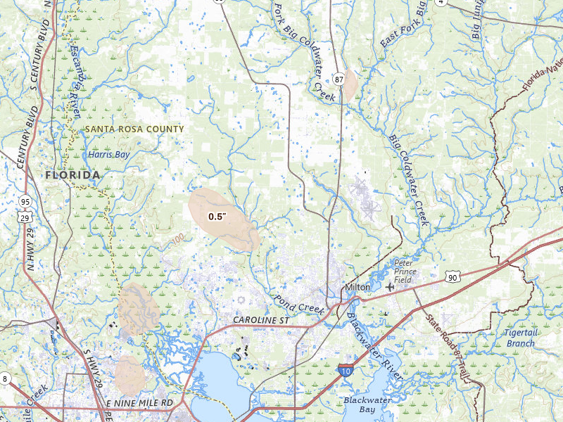 Radar-estimated hail-size map of the storm over Milton, FL on Aug 24, 2026