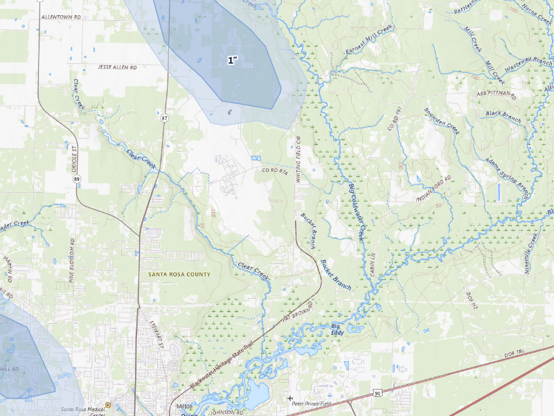 NEXRAD radar-signature map of the hail storm over Milton, FL on Aug 24, 2026