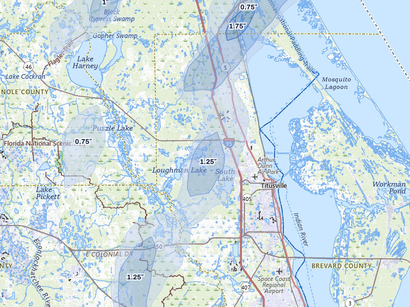 NEXRAD radar-signature map of the hail over Mims, FL