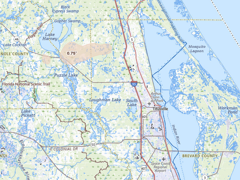Radar-estimated hail-size map of the storm over Mims, FL on May 2, 2026