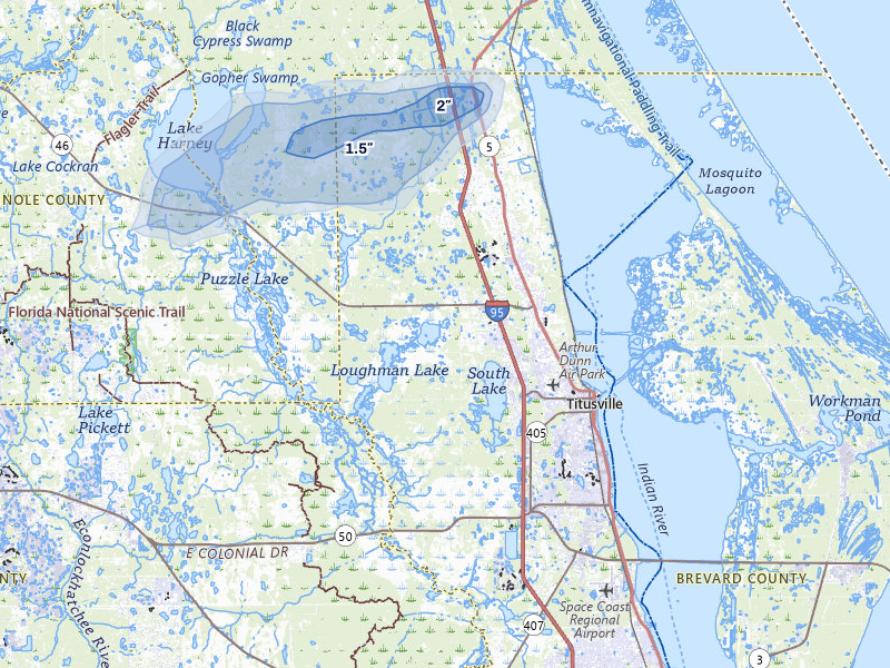 NEXRAD radar-signature map of the hail over Mims, FL