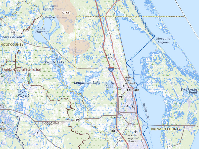 Radar-estimated hail-size map of the storm over Mims, FL on Jun 25, 2026