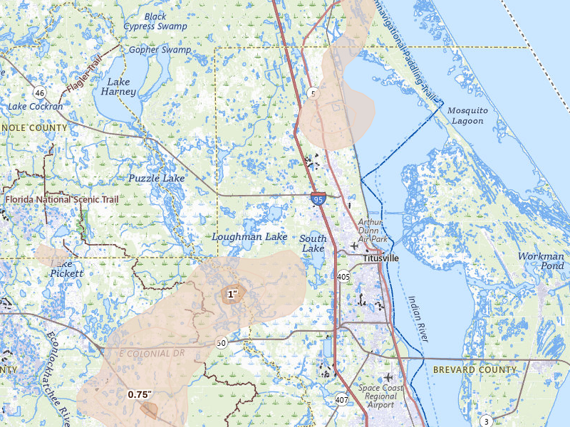 Radar-estimated hail-size map of the storm over Mims, FL on Jul 6, 2026