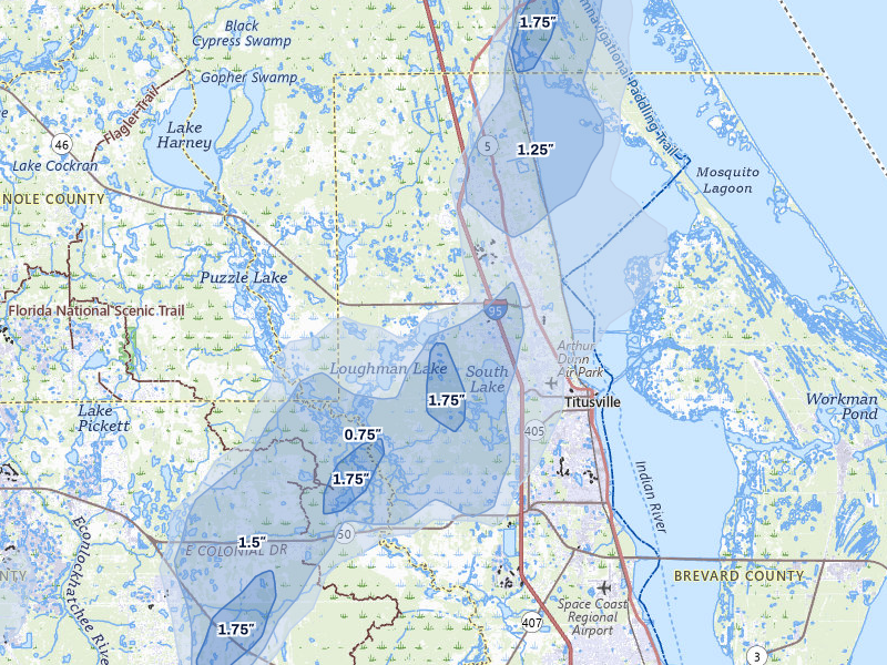 NEXRAD radar-signature map of the hail storm over Mims, FL on Jul 6, 2026