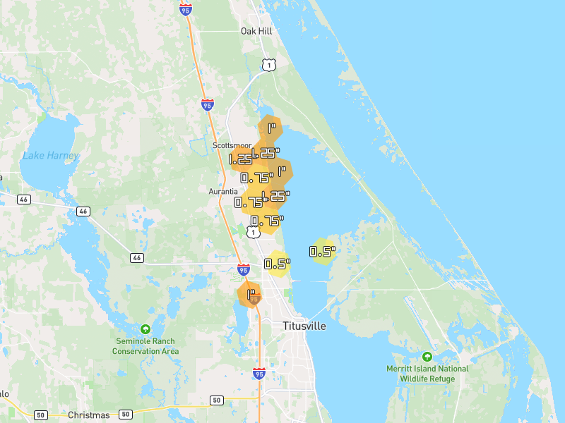 Hail map of Mims, FL on Jul 6, 2026, hail up to 1.25"