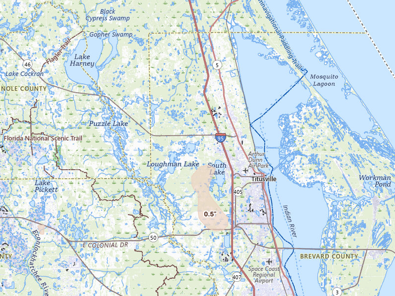 Radar-estimated hail-size map of the storm over Mims, FL on Jul 13, 2026