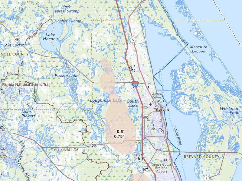 Radar-estimated hail-size map of the storm over Mims, FL on Jul 26, 2026
