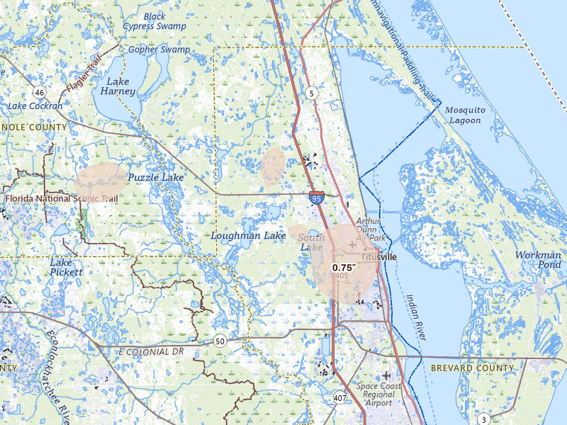 Radar-estimated hail-size map of the storm over Mims, FL on Aug 19, 2026