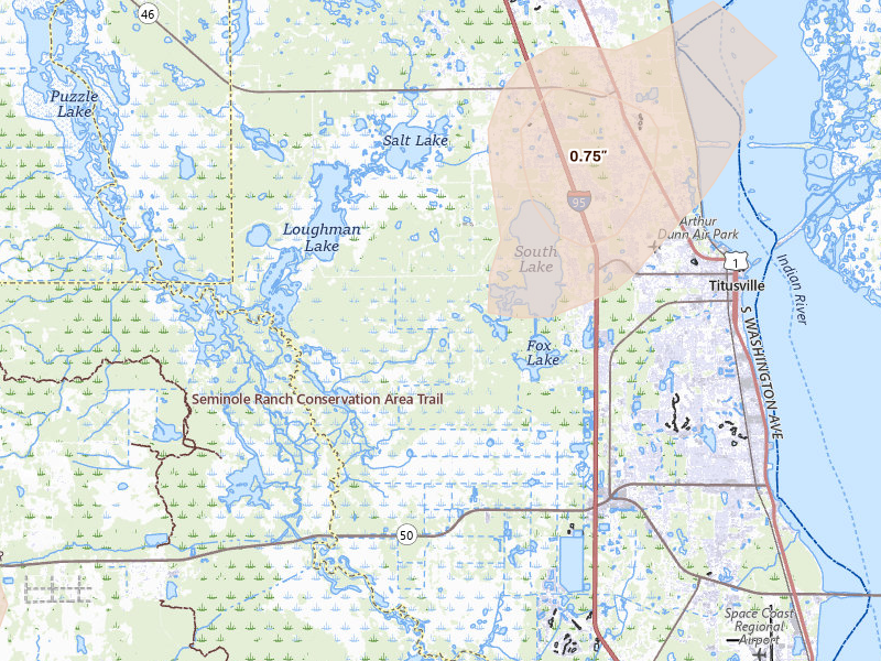 Radar-estimated hail-size map of the storm over Mims, FL on Aug 21, 2026