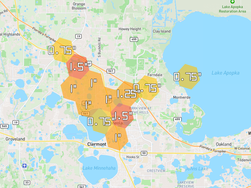 Hail map of Minneola, FL on Jun 29, 2026, hail up to 1.5"