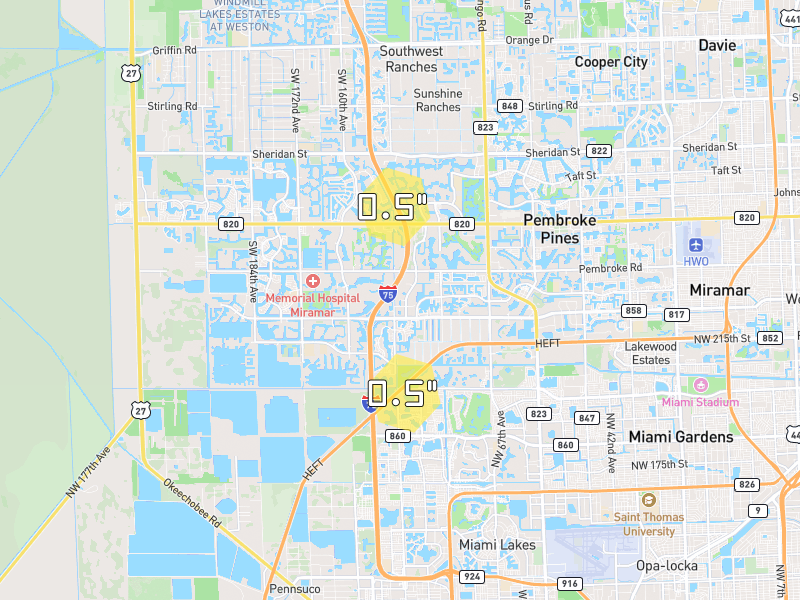 Hail map of Miramar, FL on Jun 26, 2026, hail up to 0.5"