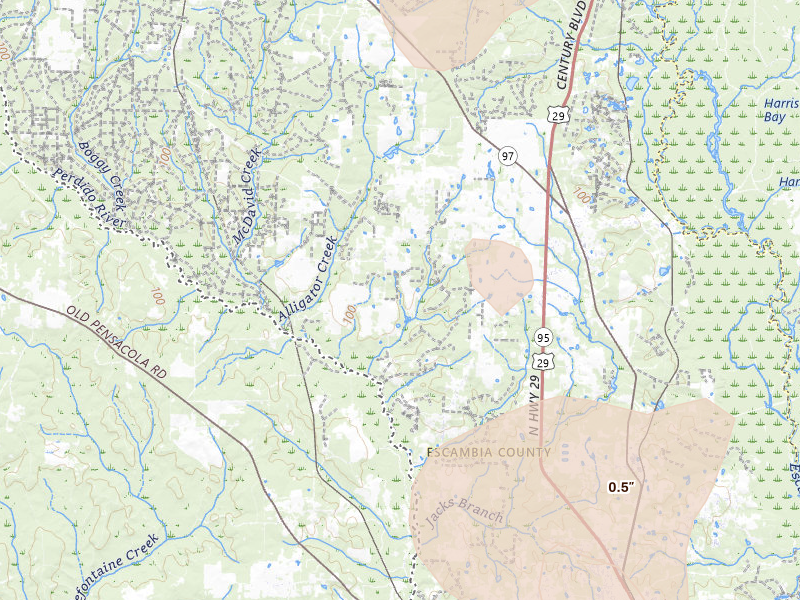 Radar-estimated hail-size map of the storm over Molino, FL on Aug 17, 2026