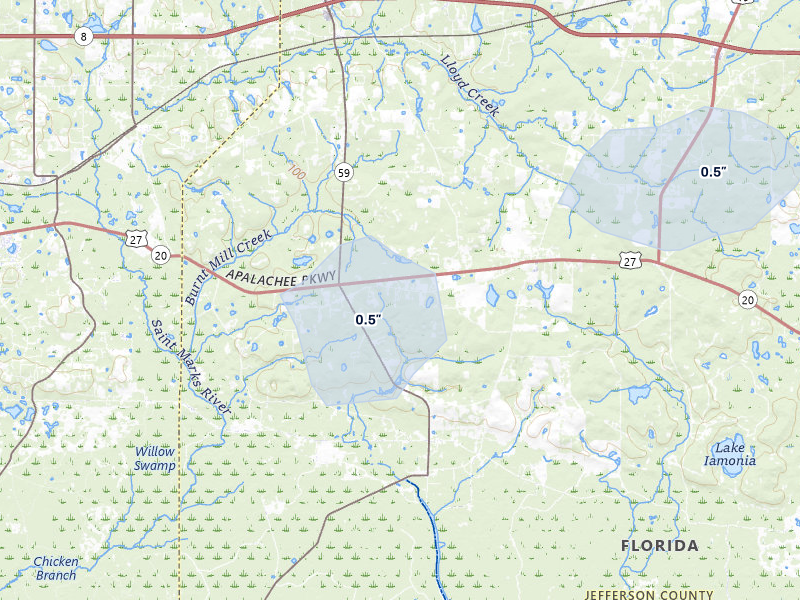 NEXRAD radar-signature map of the hail storm over Monticello, FL on Mar 16, 2026