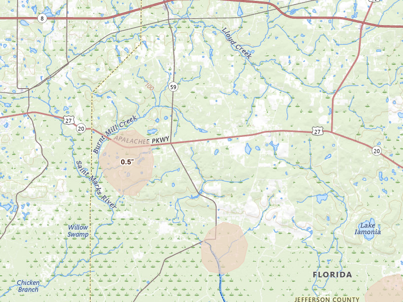 Radar-estimated hail-size map of the storm over Monticello, FL on Jul 11, 2026