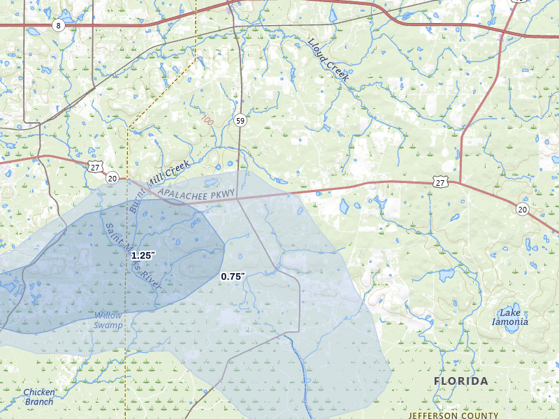 NEXRAD radar-signature map of the hail storm over Monticello, FL on Jul 11, 2026