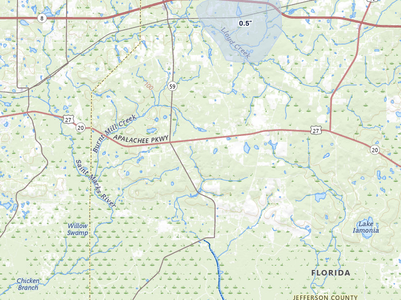 NEXRAD radar-signature map of the hail storm over Monticello, FL on Jul 12, 2026